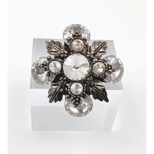VTG Silver Tone Snowflake Leaf Pendant Brooch Clear Rhinestone‎ Flower Statement